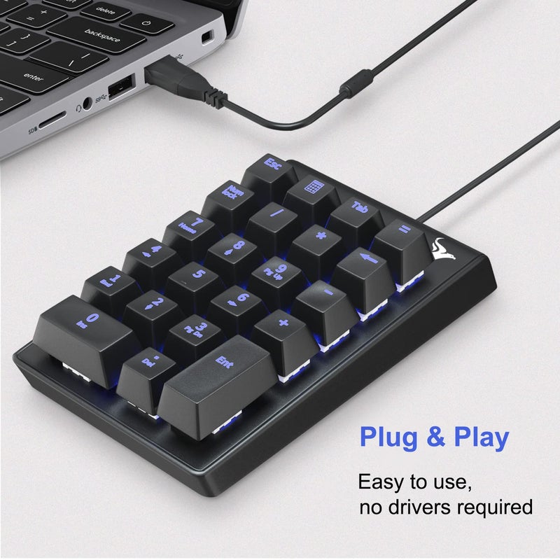 Rottay Number Pad, Mechanical USB Wired Numeric Keypad with Blue LED Backlit 22 Key Numpad for Laptop Desktop Computer PC Black (Blue switches) - Image 3